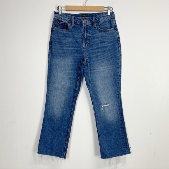 J Crew Mid Rise Flare Crop Jeans Womens Size 27 Blue Cotton Blend Distressed - Picture 1 of 12
